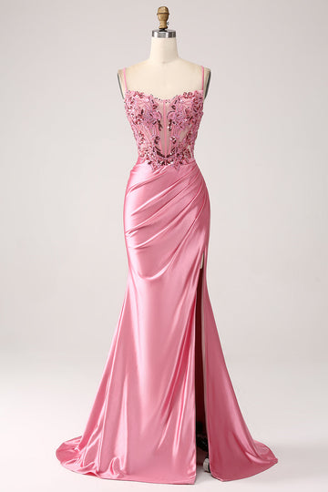 Mermaid Spaghetti Straps Sequin Corset Pink Prom Dress with Slit